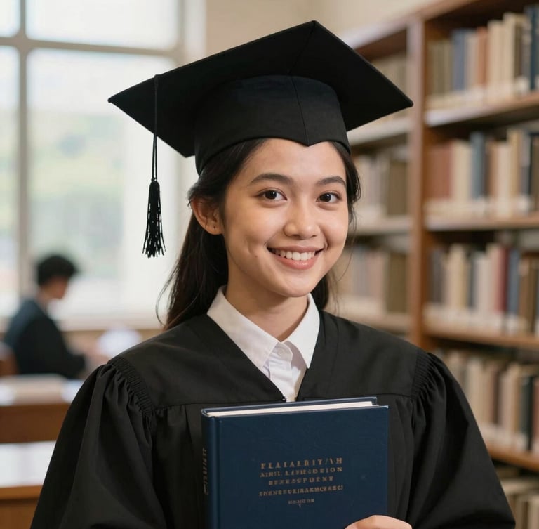A close-up of a smiling Indonesian female student in a graduation gown holding her thesis book, warm natural window light, soft focus library background.