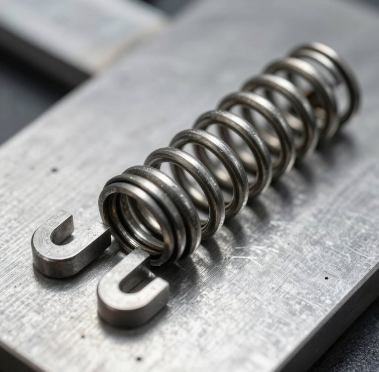Macro close-up of a high-carbon steel compression spring and extension spring with custom hook ends, resting on a metal calibration sheet, cool industrial lighting