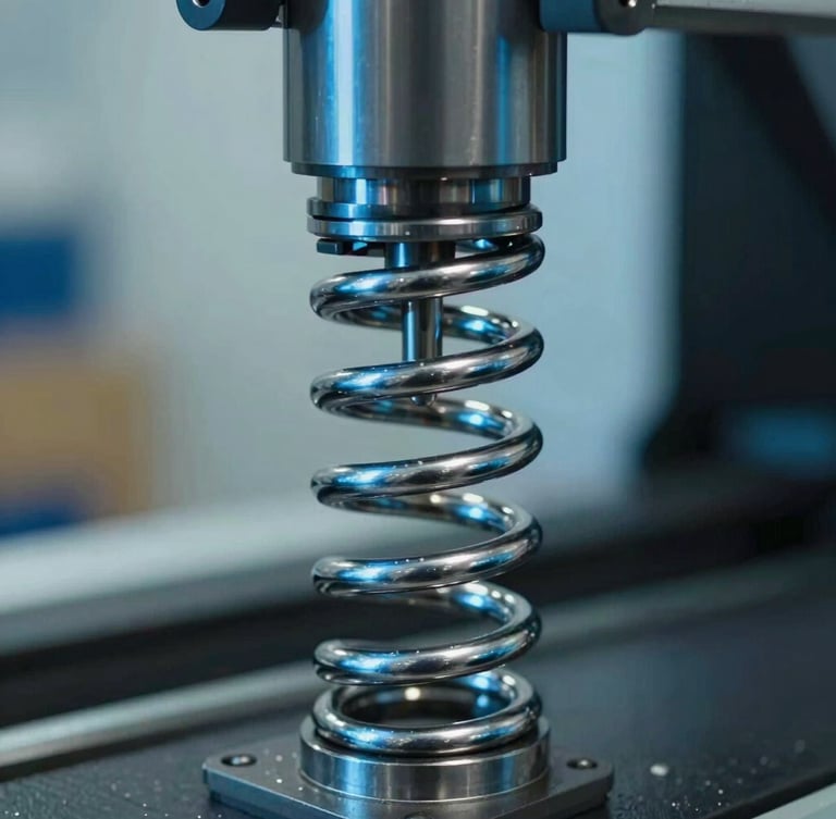 Macro shot of a heavy-duty double-torsion spring on a CNC coiling machine, cold steel blue lighting, metallic glints, tight framing