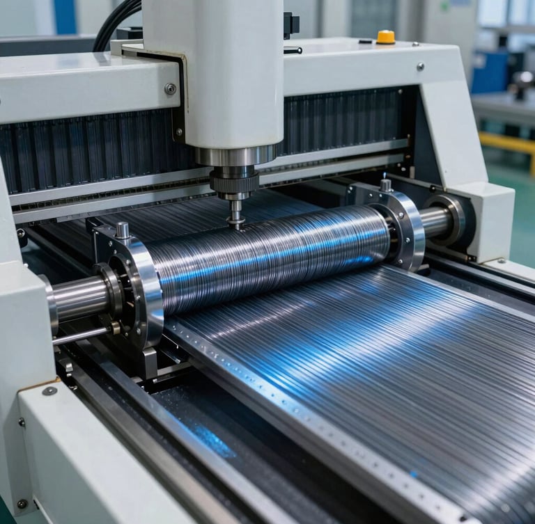 Wide-angle view of a clean, automated CNC coiling machine in action, steel wire feeding through precision guides with cool blue metallic highlights.