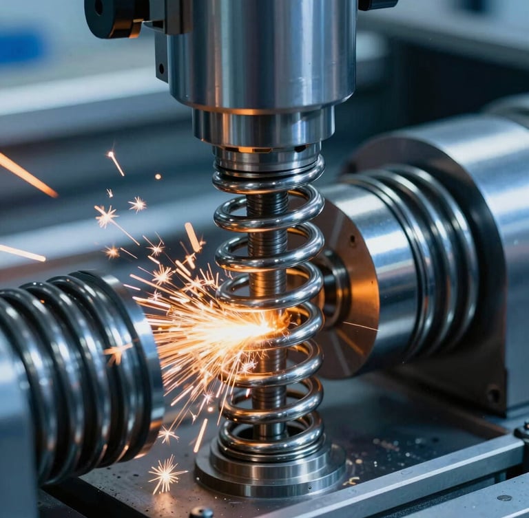 Macro close-up shot of a high-speed CNC coiling machine fabricating a heavy-duty steel compression spring, safety orange sparks flying, cool metallic blue steel textures.
