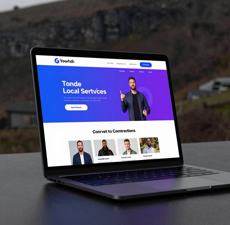 A sleek, dark-mode laptop mockup displaying a high-converting local service website with vibrant blue and purple accents, set against a moody, dark Yorkshire studio background.