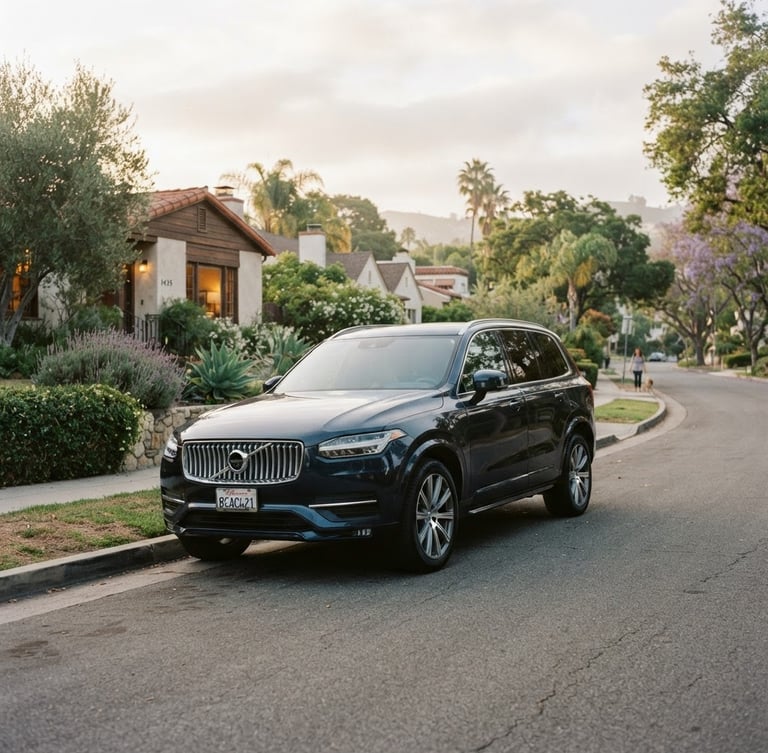 A clean, modern family SUV parked on a quiet residential street in Los Angeles, soft morning daylight, warm editorial photography, 35mm