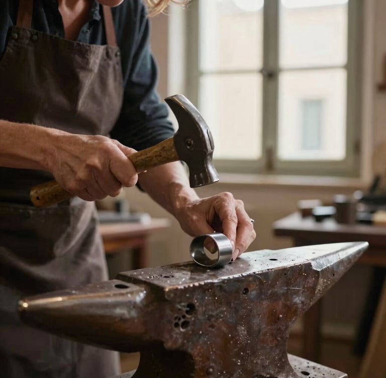 Vertical portrait of artisan Laura Fumarola in her Ostuni workshop, shaping a raw metal band with a hand hammer, soft side-light from a stone window illuminating her hands and the anvil, warm cinematic tones.