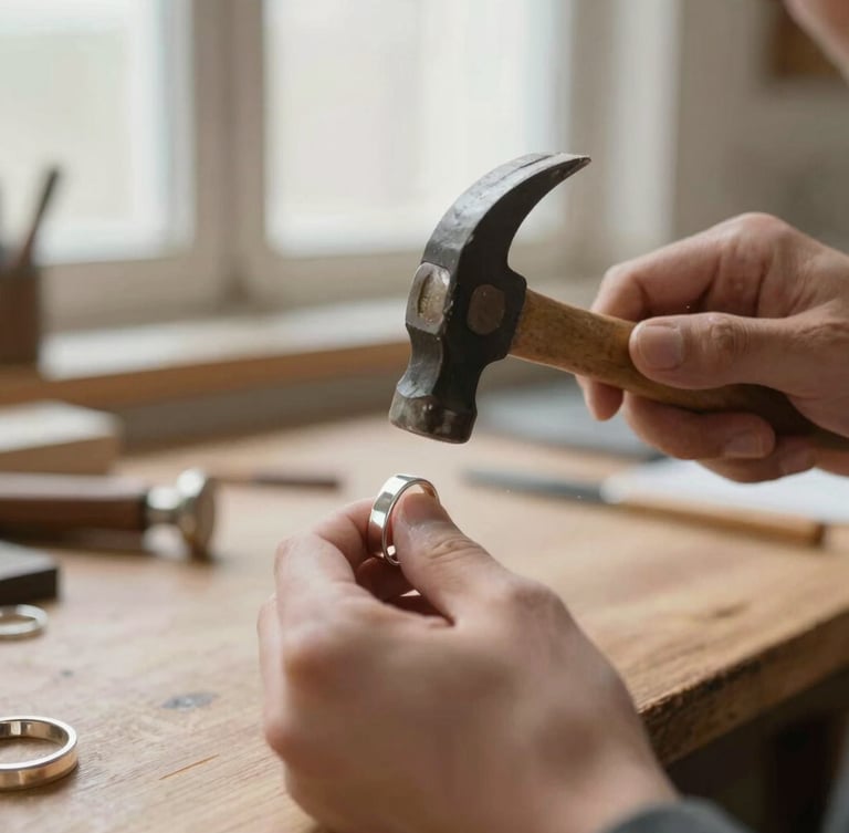 Medium close-up of artisan hands using a small hammer on a silver band over a wooden workbench, soft workshop window light.