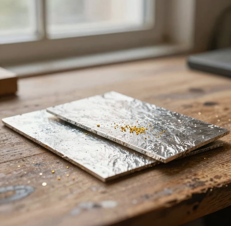 A close-up of raw textured silver sheets and gold grains resting on a worn wooden workbench, soft morning window light, warm tones, macro photography