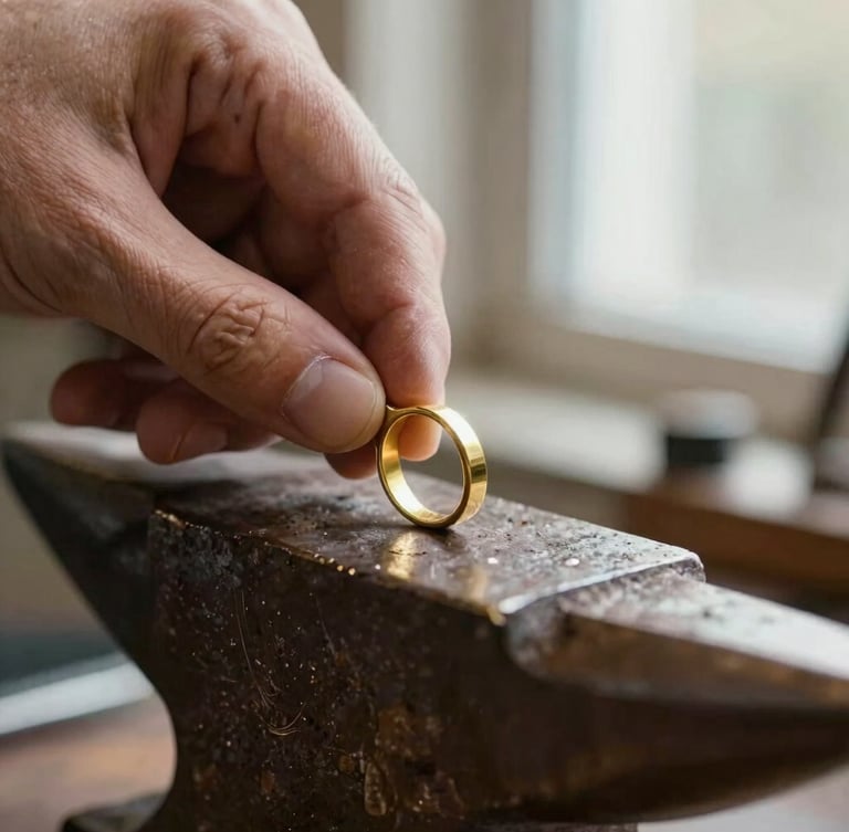 Extreme macro shot of artisan hands shaping a raw gold ring on a dark anvil, warm side-light highlighting the textured metal, shallow depth of field, 35mm