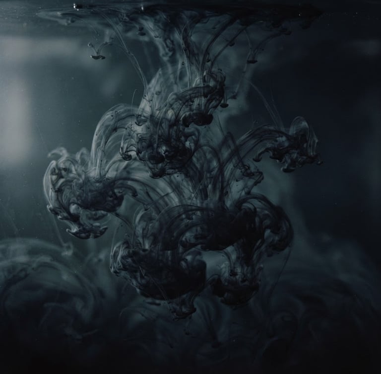 A macro close-up of ink swirling slowly in dark water, moody atmospheric photography, soft twilight, desaturated dark tones, 35mm film