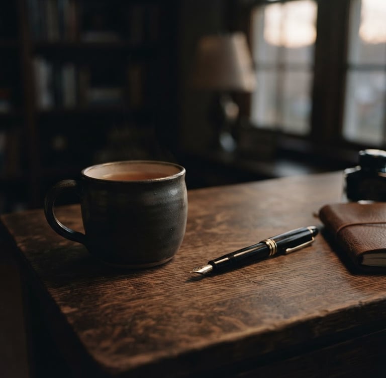 A close-up of a writer's desk at twilight, a single ceramic mug and a fountain pen resting on a dark wooden surface, soft warm window light casting long shadows, moody atmospheric photography, desaturated tones, 35mm film.