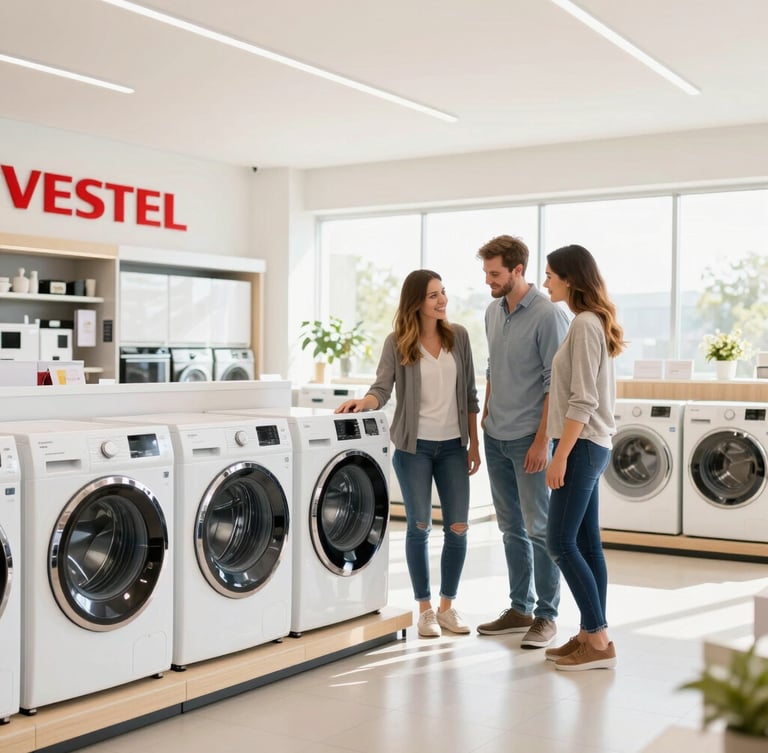 Wide panoramic shot of a modern Vestel showroom interior, a friendly sales associate assisting a couple examining a washing machine, bright natural lighting, products neatly displayed, professional atmosphere.