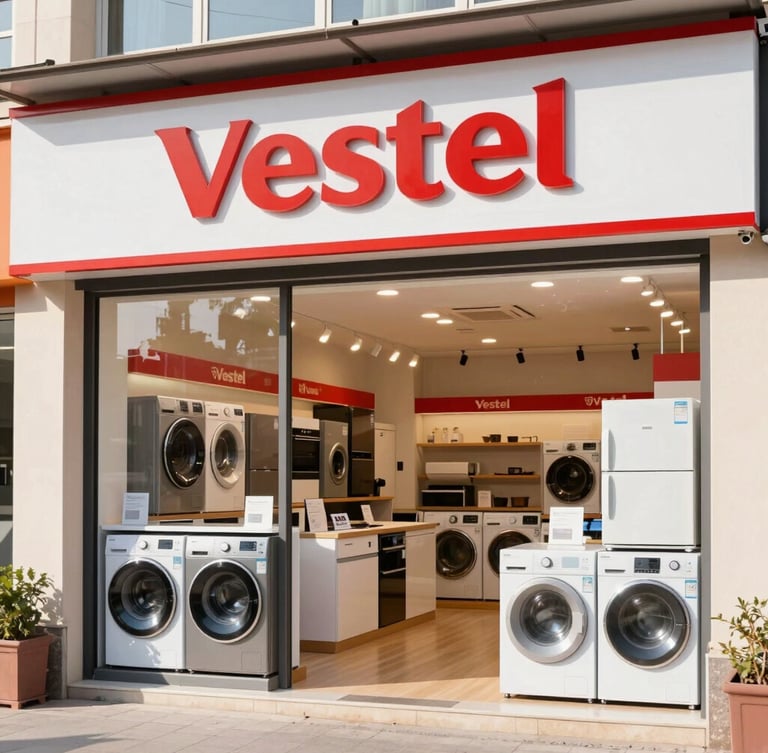 Warm, inviting exterior shot of Vestel Yetkili Mağazası - Güven Ticaret, storefront clearly visible, natural light, reflecting community trust.