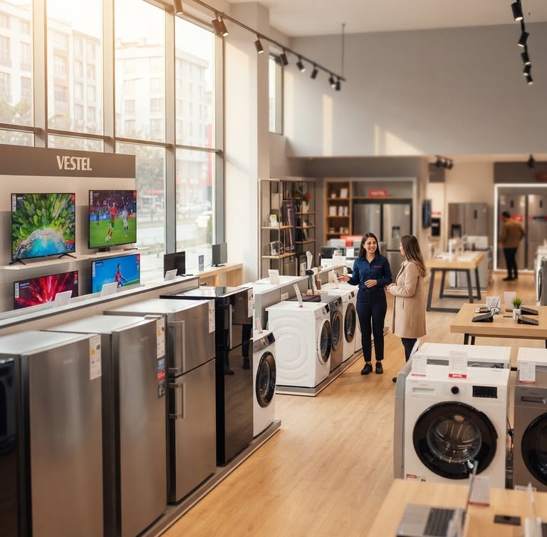 Wide environmental shot of a bright, clean Vestel showroom interior, featuring neatly arranged modern refrigerators, washing machines, and smart TVs, with warm natural lighting. A friendly, professional staff member is subtly visible in the background assisting a customer.