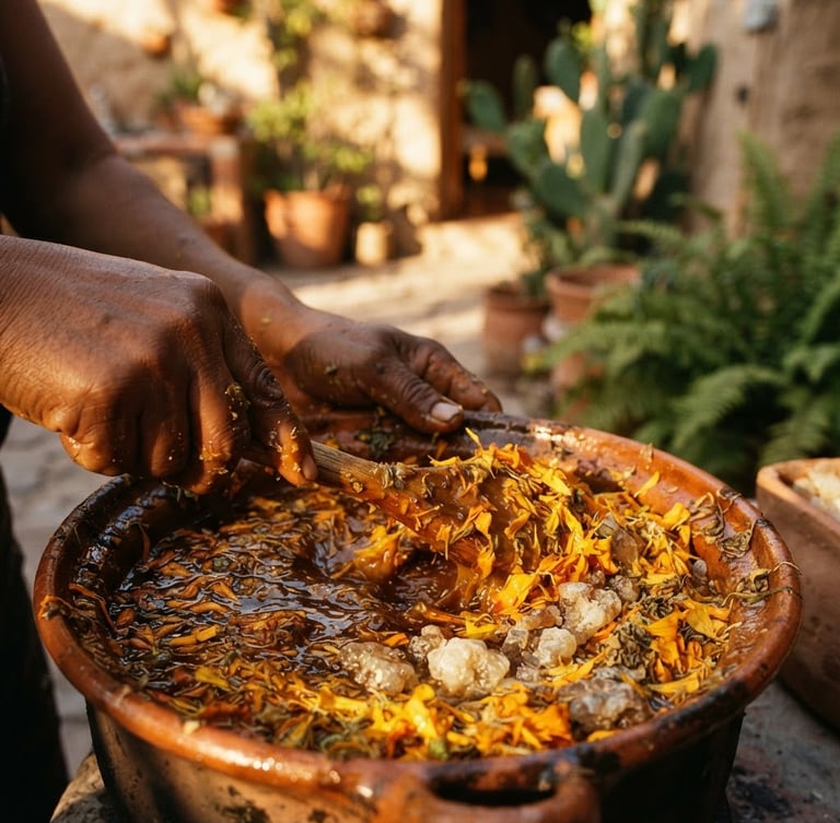 Close-up macro shot of hands mixing golden marigold petals and raw copal resin into warm liquid wax, dramatic golden-hour courtyard light, long shadows, 35mm film texture