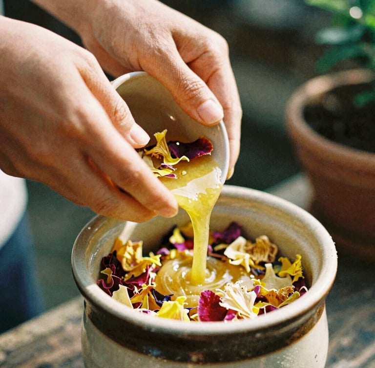 Close-up of artisan hands gently pouring warm botanical wax into a ceramic vessel filled with dried petals, soft morning light, 35mm film texture.