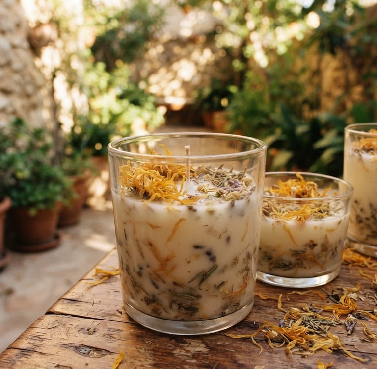Primer plano detallado de velas botánicas artesanales de cera de soya con pétalos secos de caléndula, luz cálida de atardecer filtrada con sombras largas, textura de película de 35mm