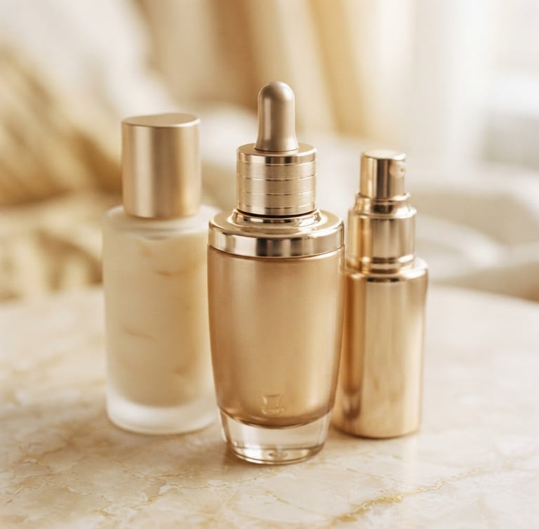 Pristine unopened luxury cosmetic bottles in warm champagne gold tones, soft diffused daylight, macro product details, 35mm
