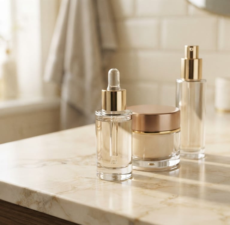 Pristine unopened luxury cosmetic bottles on a soft cream marble surface, warm diffused daylight, champagne tones, elegant editorial photography, 35mm