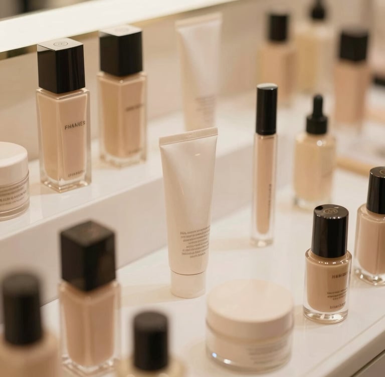 Clean modern distribution environment showing organized, high-end cosmetic inventory under soft warm daylight