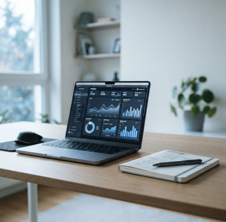 Clean, minimalist desk setup with a laptop showing analytics, a notebook, and a pen, bathed in soft, cool-toned natural daylight, with plenty of negative space. Focus on precision and modern work environment.