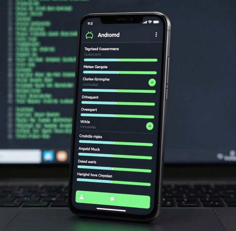 Orthogonal front-on view of a modern Android device displaying a clean technical wireframe interface with sharp green accents against a dark terminal background.