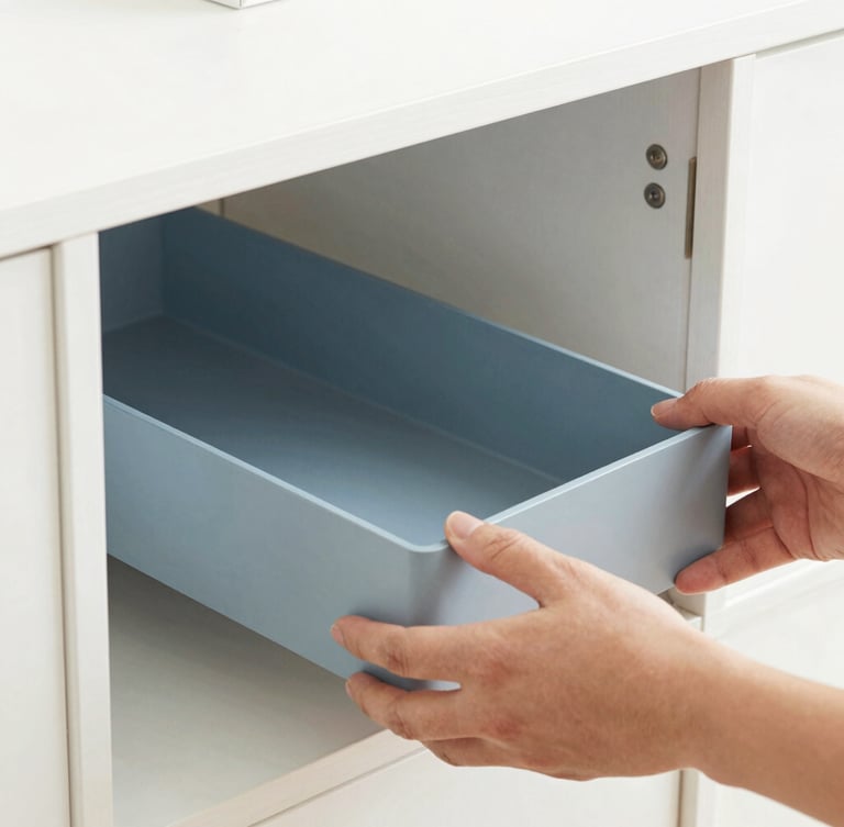 Close-up of hands placing a sleek, unbranded modular drawer organizer inside a clean white wooden cabinet, bright natural lighting