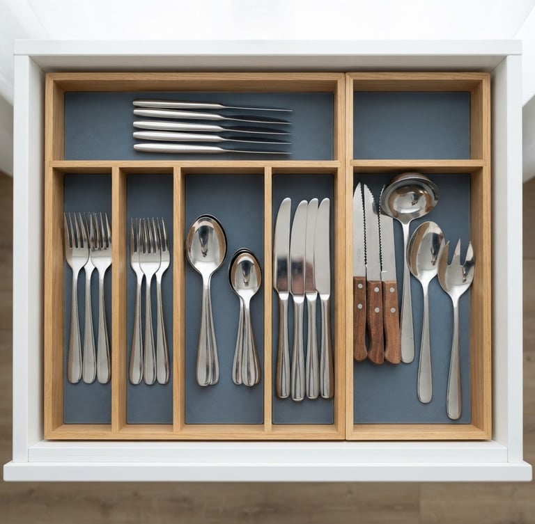 Top-down flat lay of a sleek, unbranded kitchen drawer organizer neatly holding steel cutlery, bright diffused natural window light, clean white and slate blue tones, 50mm lens