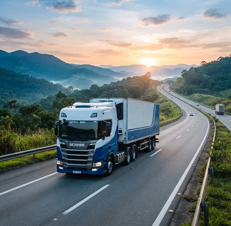 Modern heavy-duty truck on a Brazilian highway at sunrise, clean corporate photography, sharp focus, professional blue and green tones, 35mm
