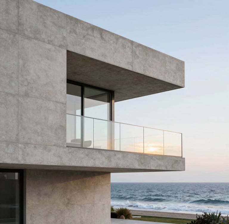 Modern architectural corner of a concrete villa, sharp geometric lines, glass railing reflecting golden hour Atlantic ocean, minimalist composition, 35mm lens