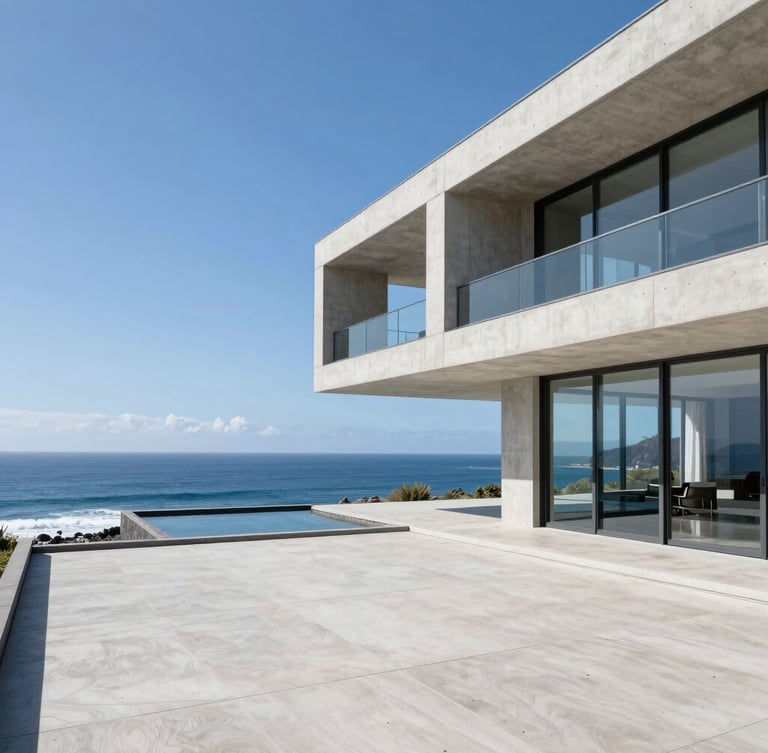 Wide architectural shot of a modern concrete and glass villa overlooking the Atlantic ocean in Madeira, bright high-contrast daylight, clean geometric lines.