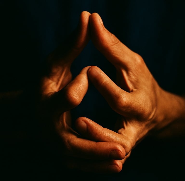 Extreme macro close-up of hands in a precise, tense mudra, 35mm film photography, dramatic side lighting, high contrast, warm skin tones against deep indigo shadows.