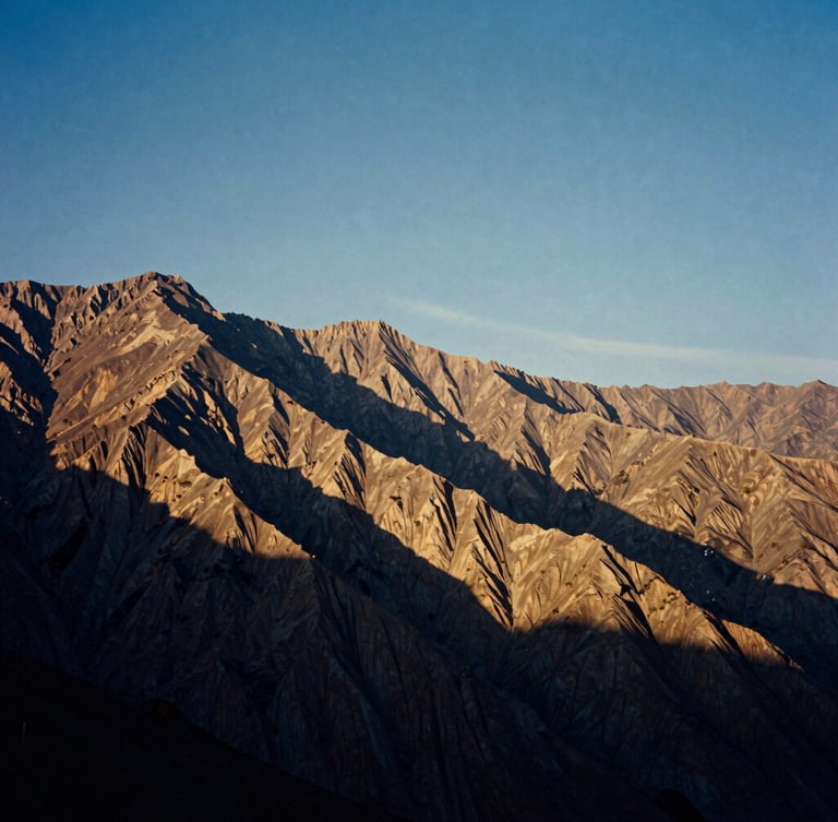 Documentary 35mm film photo of vast, wind-swept Himalayan cliffs at golden hour, high contrast, deep indigo shadows and warm parchment light, expansive sky.