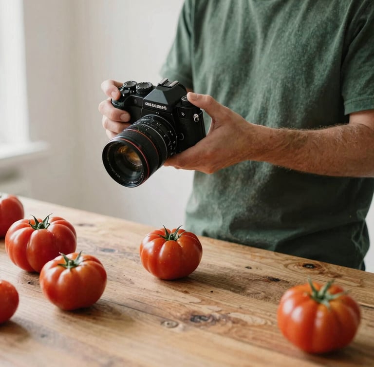 A candid behind-the-scenes medium shot of an art director holding a 35mm film camera, styling fresh heirloom tomatoes on a rustic wooden table under soft diffused daylight, matte texture.