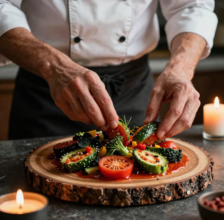 Vertical portrait of a chef's hands carefully plating a rustic wood-fired vegetable dish in a warm, candlelit kitchen, rich crimson and forest green tones, matte texture.