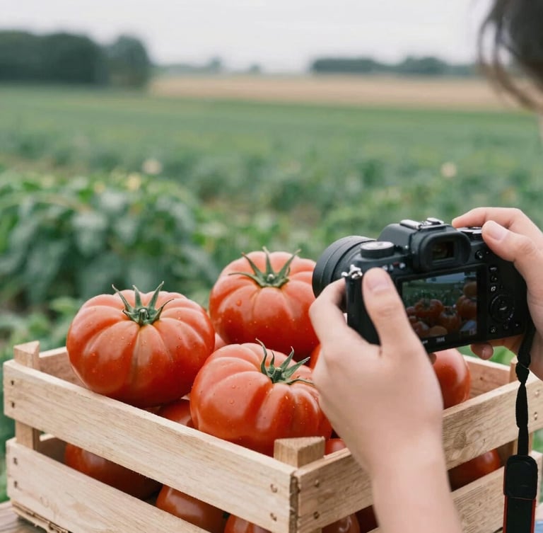 Soft diffused daylight on freshly harvested heirloom tomatoes in a wooden crate, hands holding a camera framing the shot, organic farm fields stretching into the soft background.