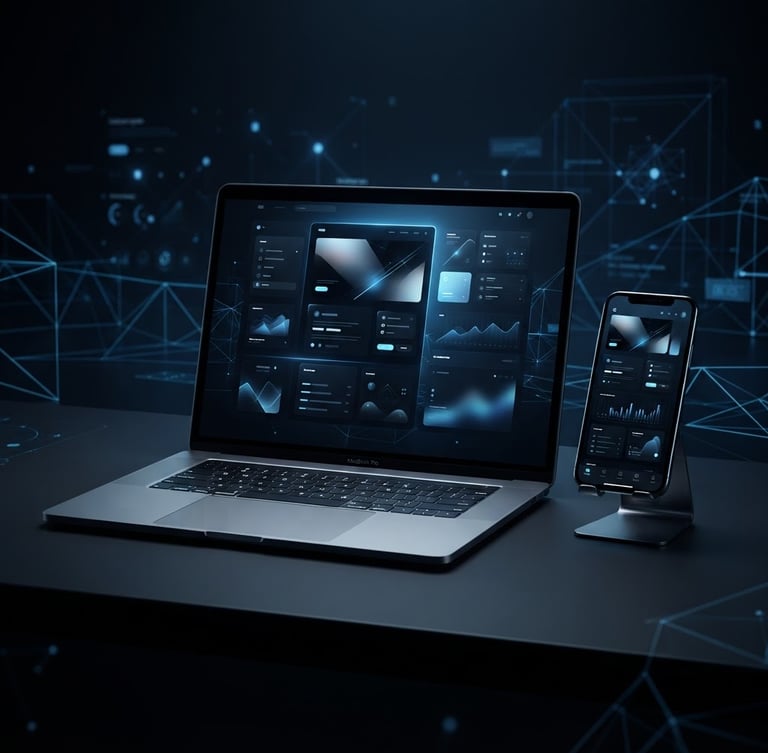 Wide shot of a sleek, modern website mockup displayed on a high-end laptop and smartphone, with subtle blue backlighting and geometric wireframe elements in the background. Dark studio lighting.