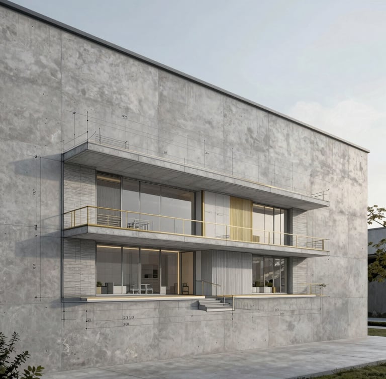 Architectural technical drawing overlay on a modern concrete wall, sharp straight-on elevation, soft overcast daylight, golden details in the drawing lines.