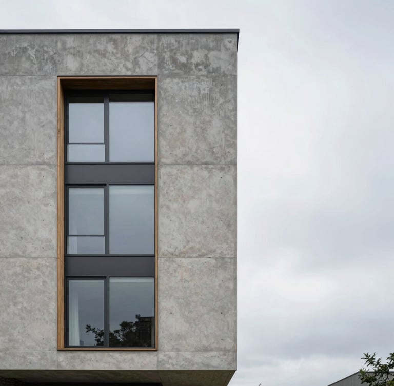 Sharp, straight-on architectural elevation of a modern concrete and glass residence facade, overcast daylight emphasizing raw textures of slate and wood, minimalist composition with generous negative space on the right.