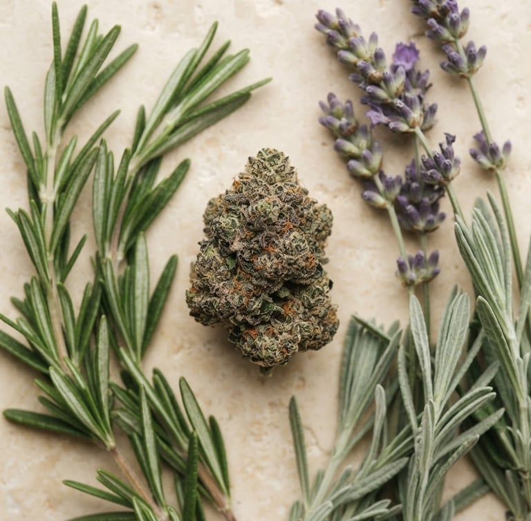 Elegant botanical flat-lay of premium cannabis flower alongside fresh rosemary and lavender on a warm cream stone surface, soft diffused daylight, muted earthy greens, macro depth of field.