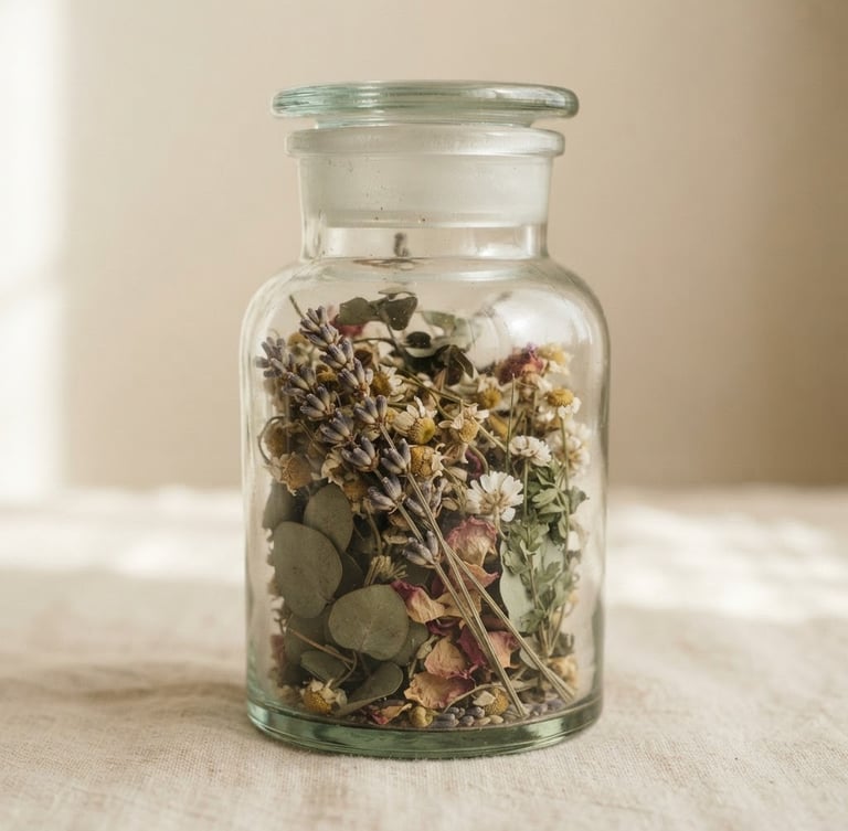Macro close-up of a premium glass apothecary jar containing curated flower, soft diffused daylight casting gentle shadows on a cream surface