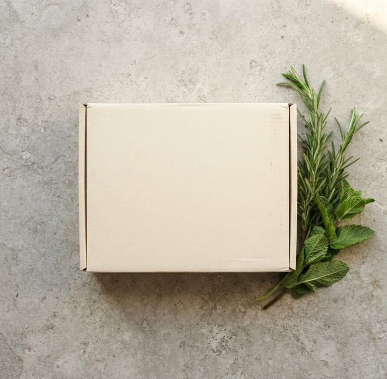 Overhead flat-lay of a discreet unmarked delivery box on a clean stone tabletop, accompanied by fresh rosemary and mint sprigs, soft diffused natural daylight, elegant editorial style