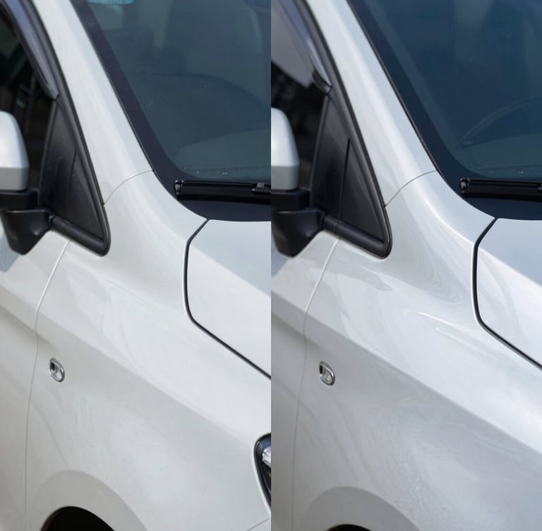 Side-by-side split before-and-after shot of heavy oxidation removal on a white caravan gelcoat panel, demonstrating a dramatic transition from chalky haze to a high-gloss mirror finish, tight macro shot, clinical studio lighting