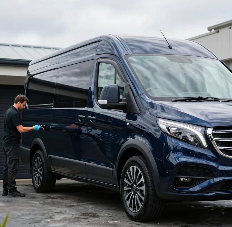 A clean mobile detailing rig parked in a premium Melbourne driveway, a technician preparing a large caravan for paint decontamination, crisp overcast light, 35mm