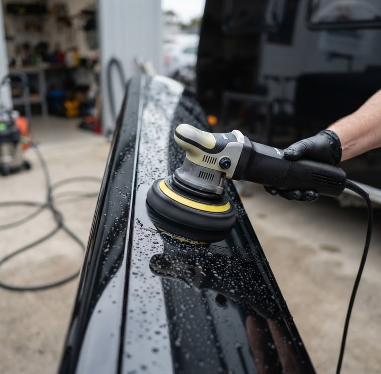 Macro close-up of a dual-action polisher refining a deep black caravan gelcoat, high-contrast reflections, water beading, professional detailing setup, overcast daylight, 35mm