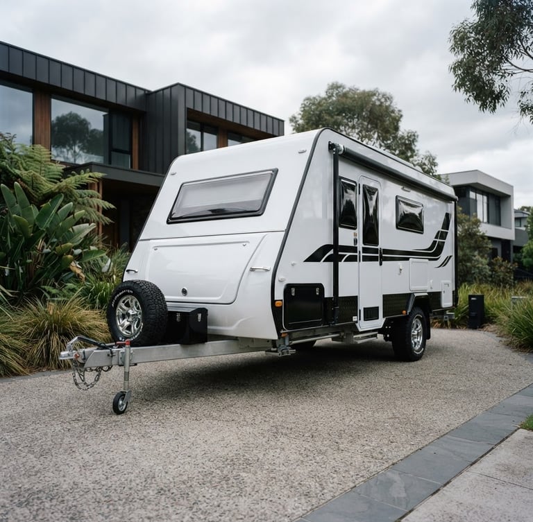 Low-angle heroic shot of a pristine caravan parked in a high-end Melbourne driveway, crisp overcast daylight reflecting off the polished gelcoat, 35mm automotive photography