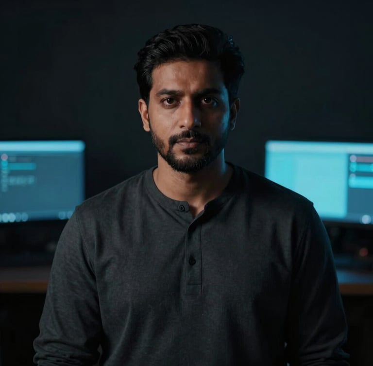 Professional portrait of Abdullah Rafaqat, a South Asian man, in a moody studio setting, low-key lighting with subtle neon blue accents from unseen monitors, shallow depth of field, 35mm lens.