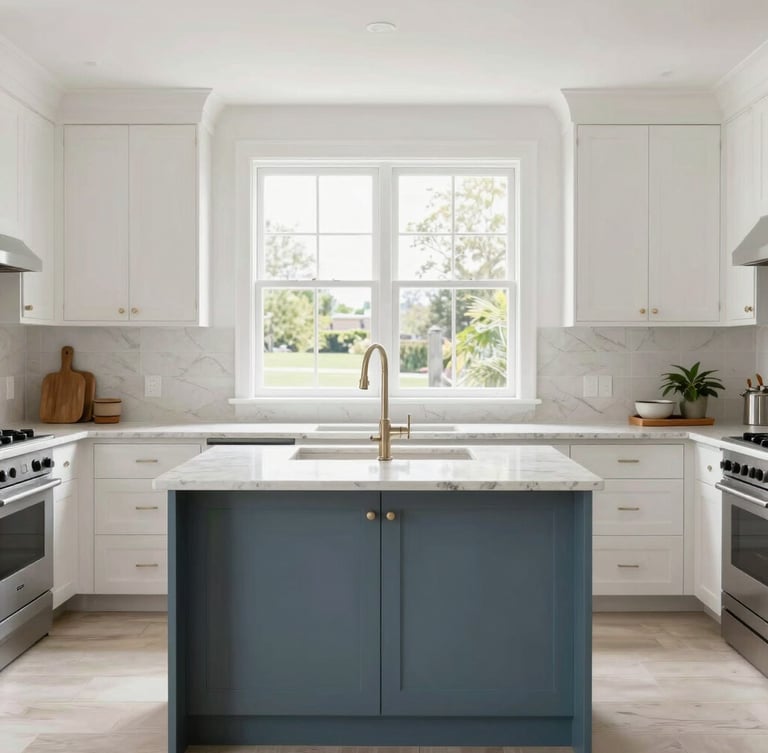 Straight-on architectural photography of a bright, modern kitchen remodel with a slate blue island, natural window light, clean limestone countertops, 35mm lens.