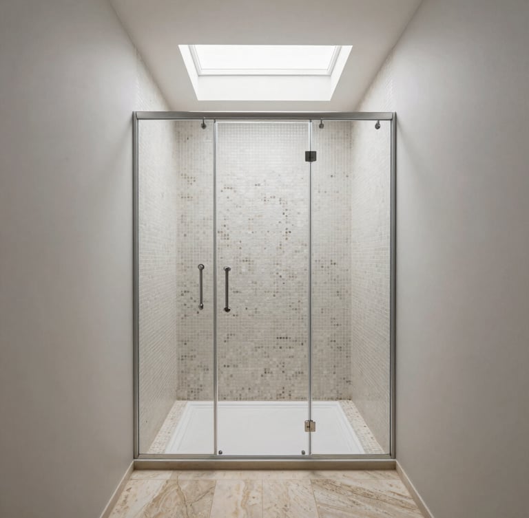 Straight-on architectural shot of a minimalist bathroom walk-in shower, natural light from a skylight, zellige tile meeting limestone floor, zero-threshold entry