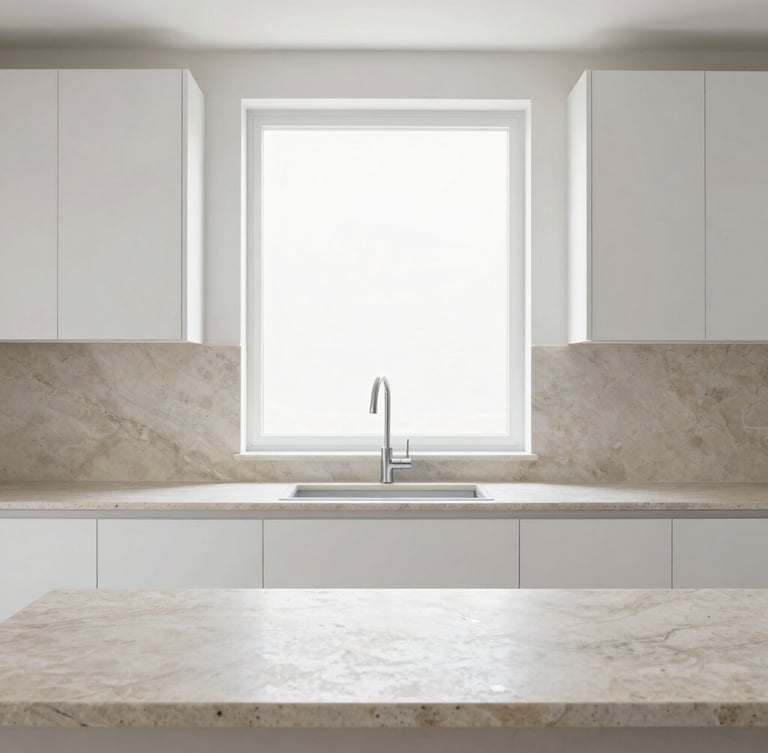 Straight-on architectural photography of a modern minimalist kitchen, bright natural window light, clean limestone countertops meeting custom white oak cabinetry, 35mm lens