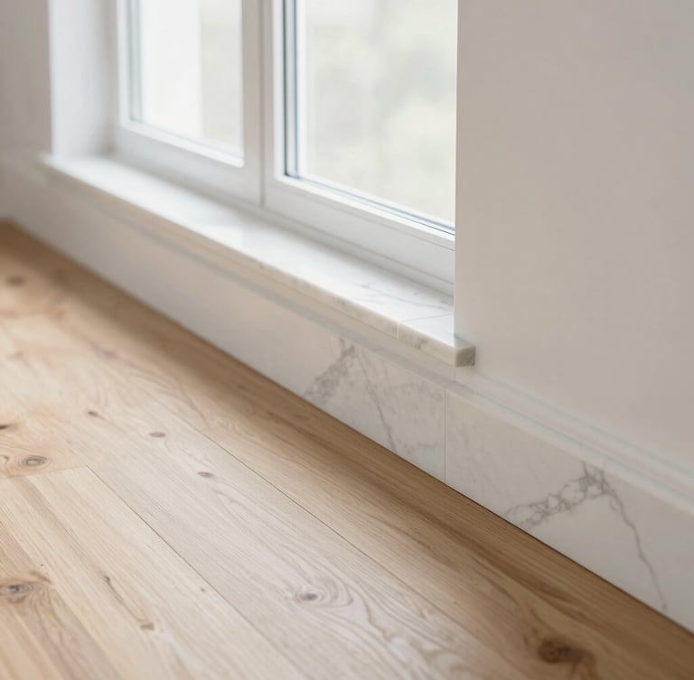 Crisp architectural detail of a flawless material transition where custom marble tile meets wide-plank hardwood flooring, bright natural window light, sharp focus, 35mm lens