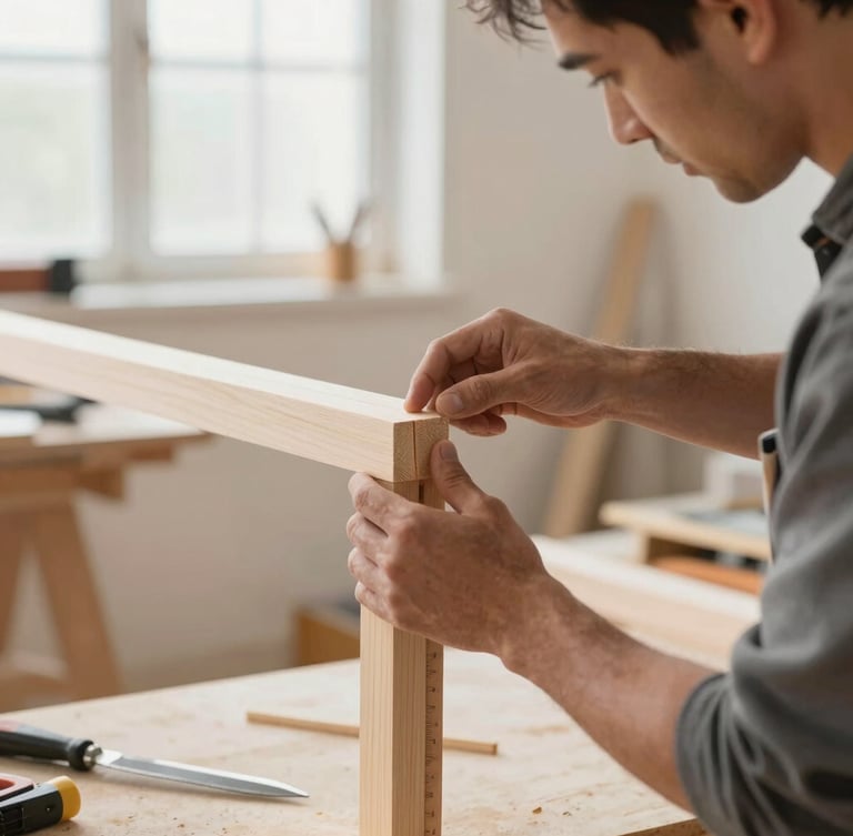 Detail shot of a master carpenter examining a clean wood joint in a bright, organized, dust-free active job site, natural daylight, 35mm lens.